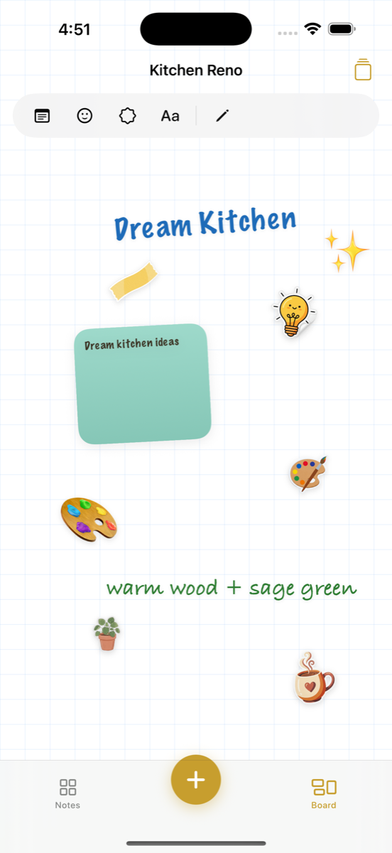 A mood board with stickers, rotated notes, and drawing