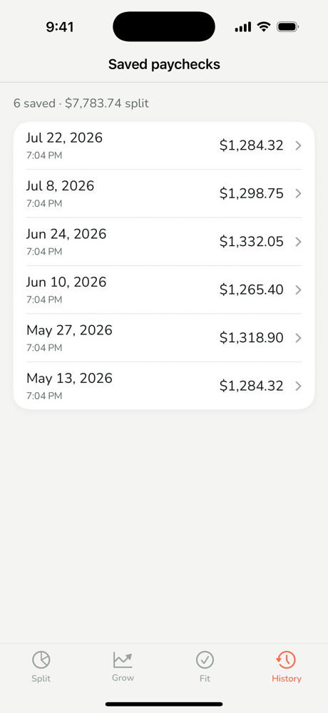 The History tab — saved paychecks