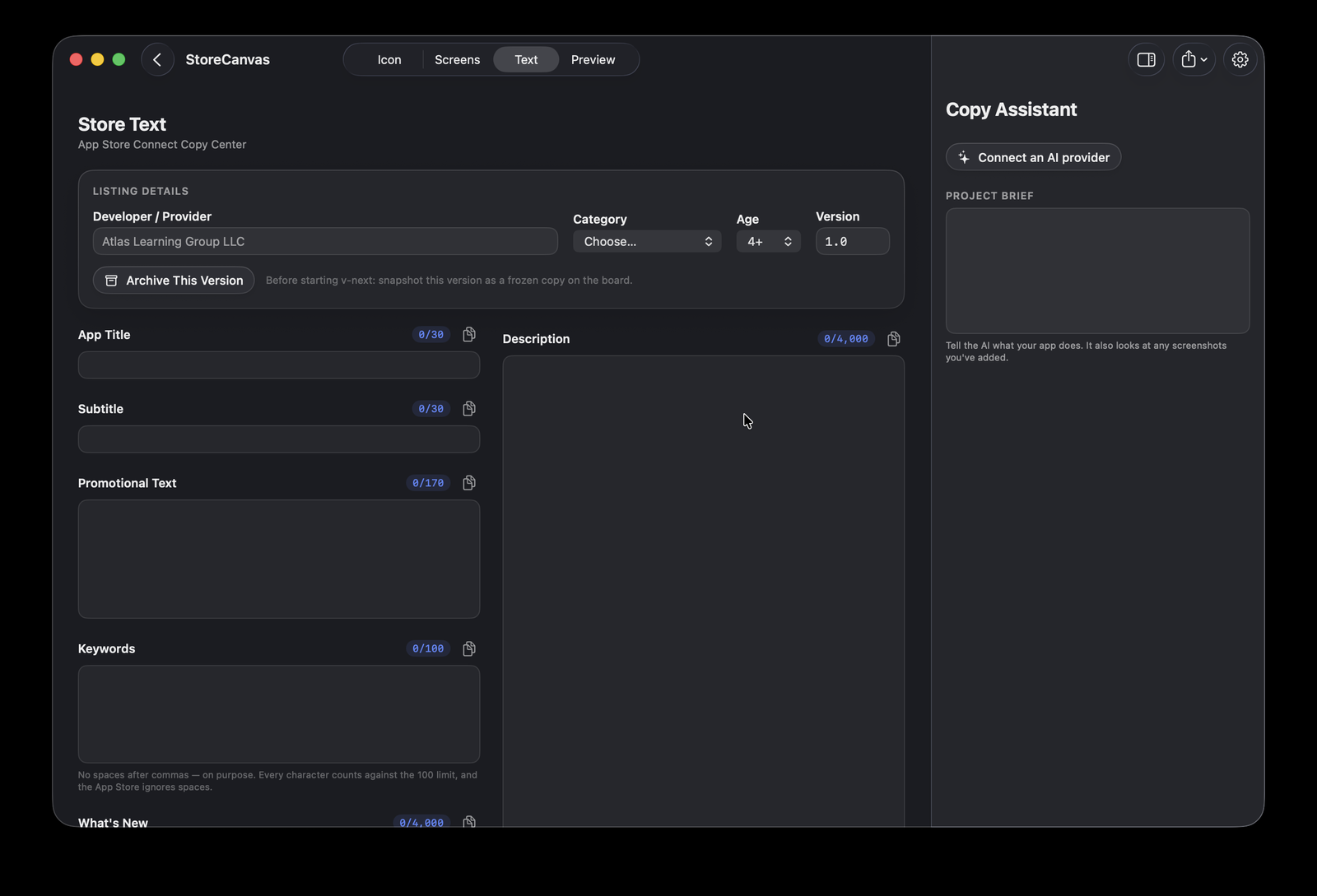 The Text tab with listing details, App Store fields, live character counters and the Copy Assistant panel.