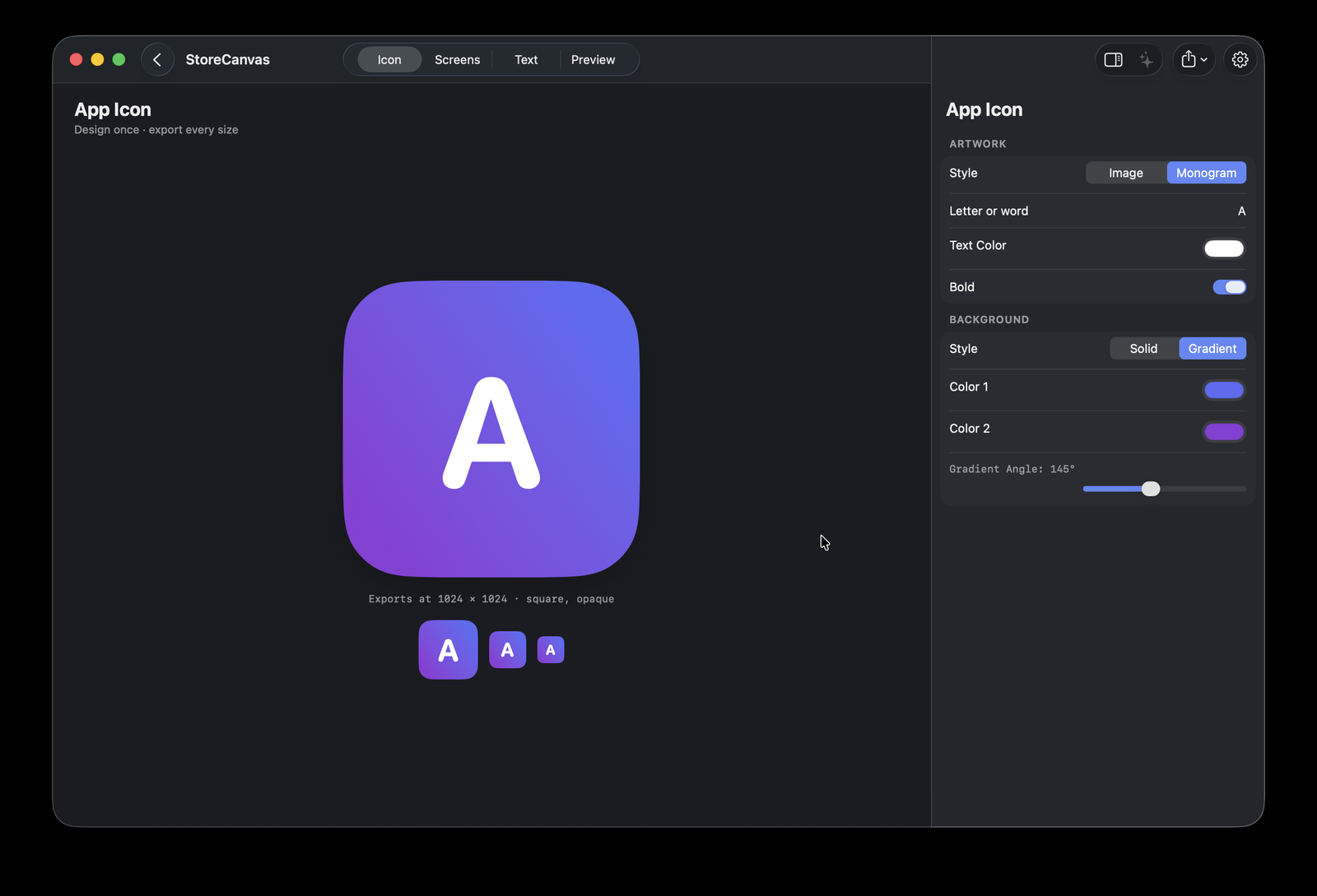 The Icon tab, showing the icon canvas and the 64, 40 and 29 pixel legibility previews.