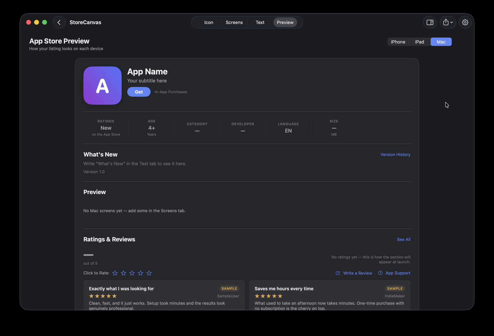 The Preview tab rendering a mocked Mac App Store product page.