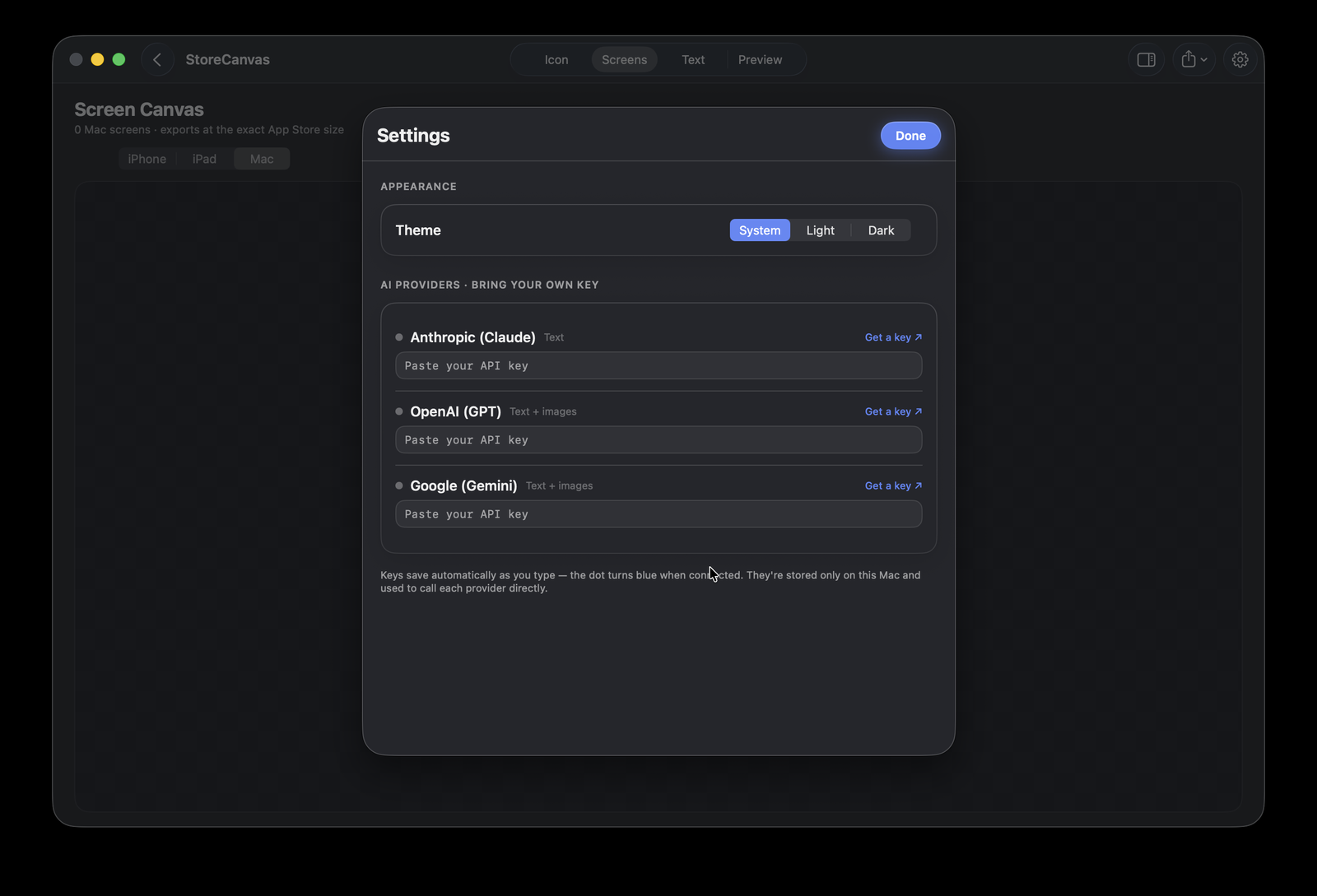 StoreCanvas Settings, showing the theme picker and the three bring-your-own-key AI providers.
