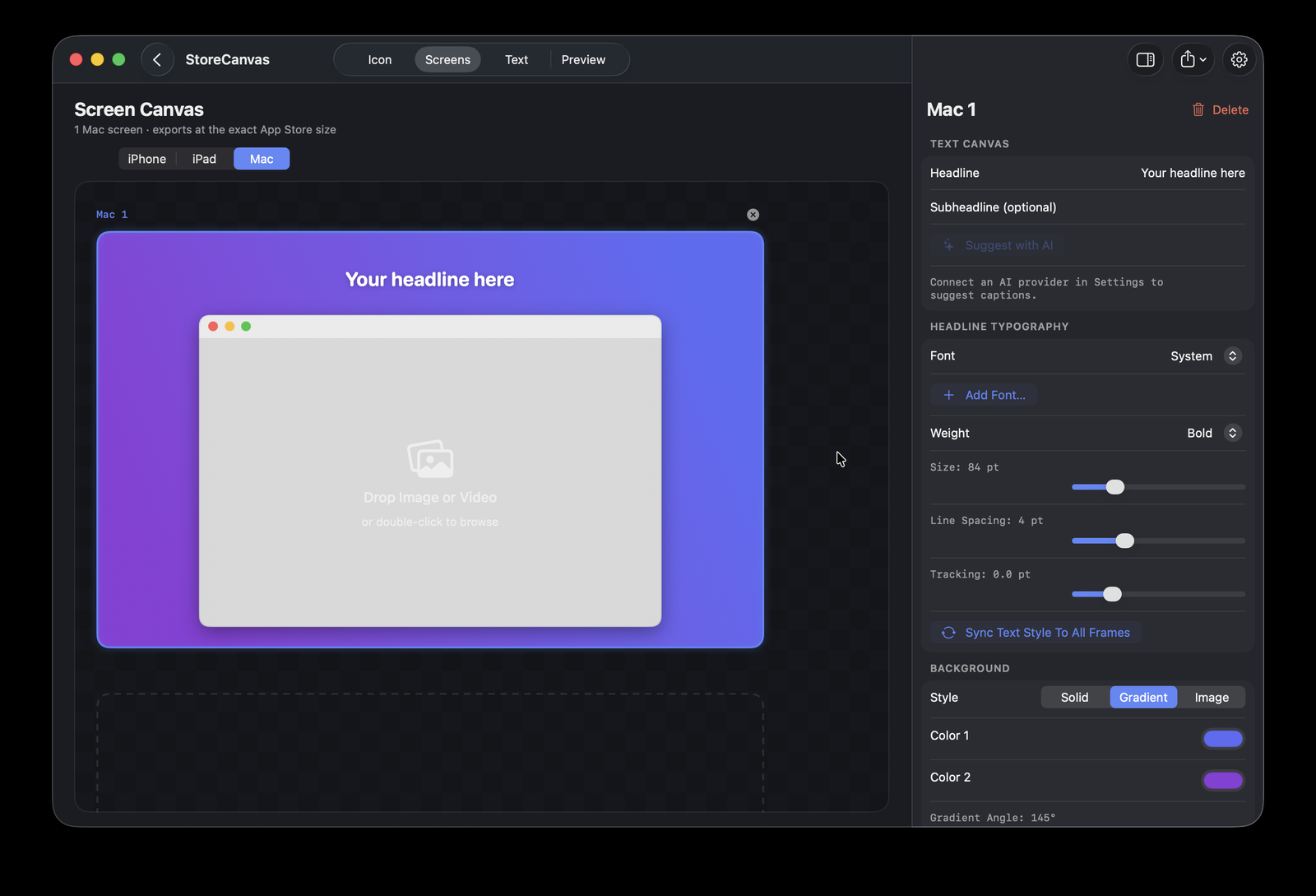 The frame inspector showing Text Canvas, Headline Typography and Background sections.