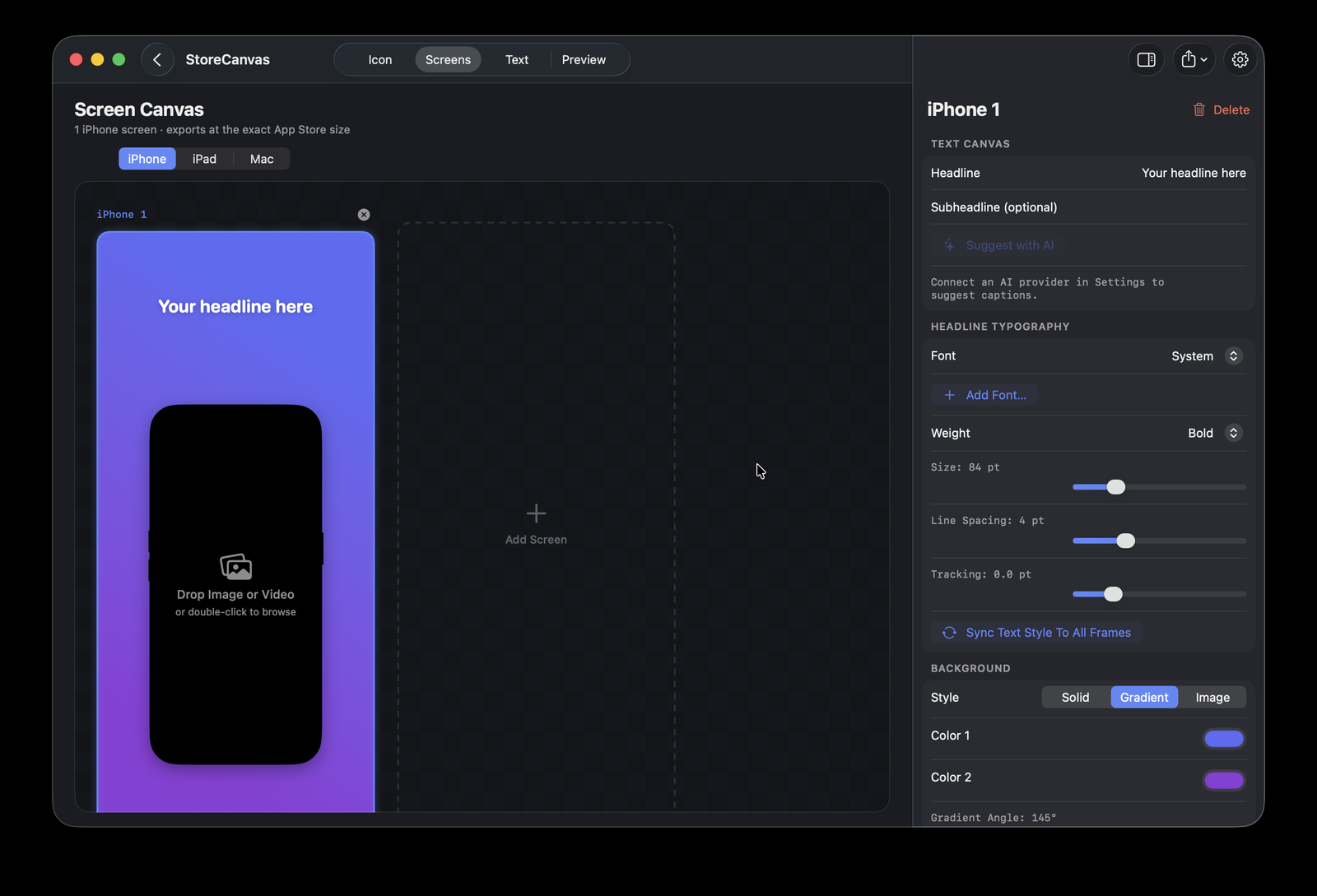 The StoreCanvas workspace: tab picker in the toolbar, canvas on the left, inspector on the right.