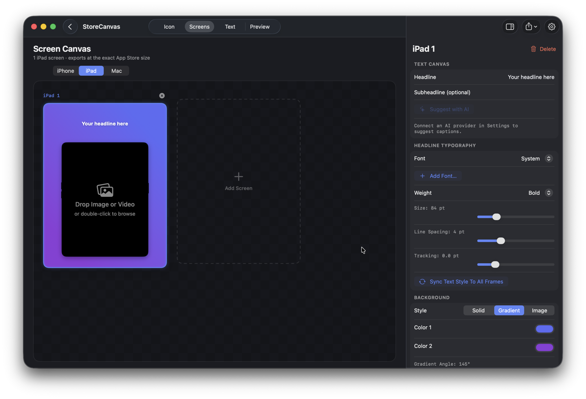 The StoreCanvas screenshots canvas with device frames