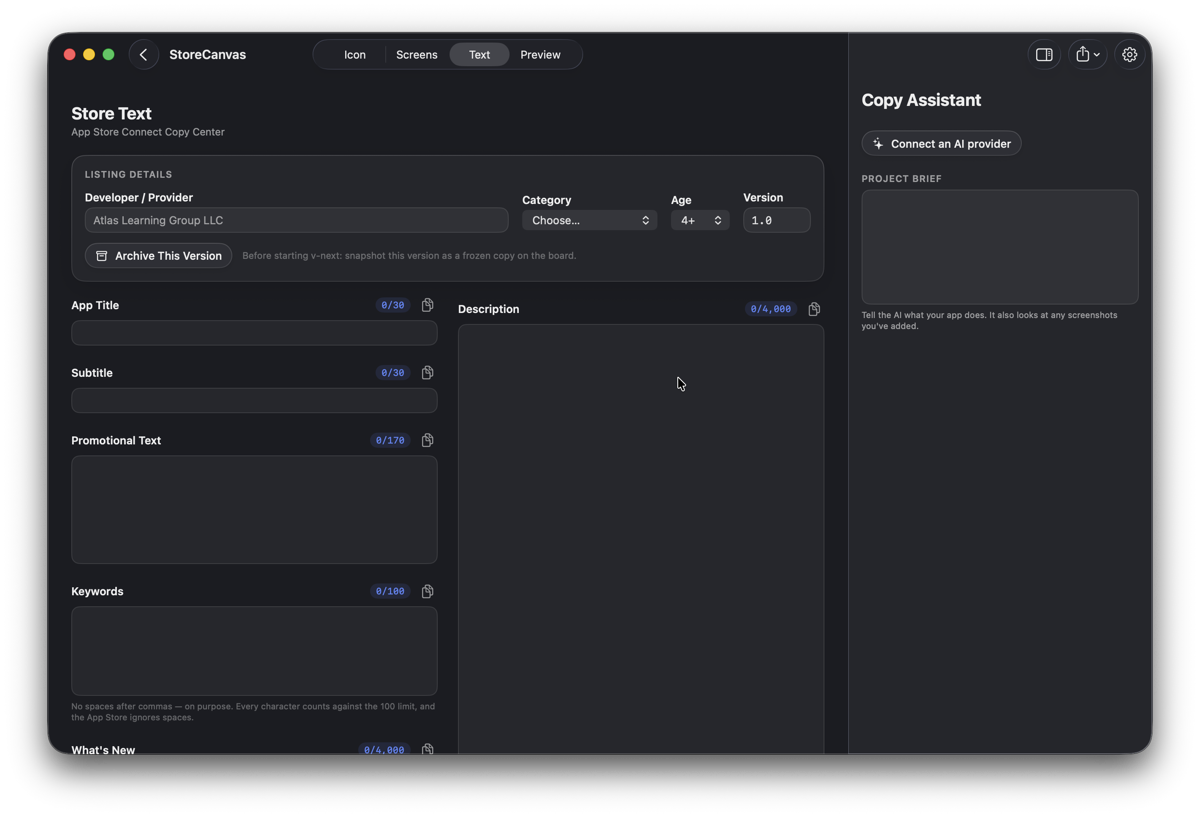 The copy center with live character counters